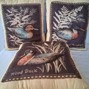 Set Of 3 Vintage MCM Panel Throw Pillow Ducks Handmade Country Cabin Hunter